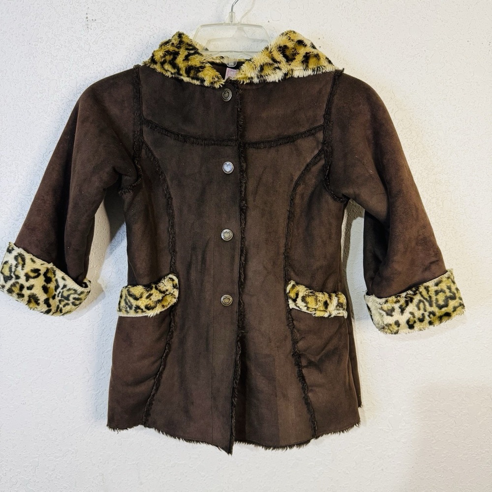 Oshkosh Bgosh Girls Coat 5/6 Faux Fur Leopard Brown Hooded Pockets